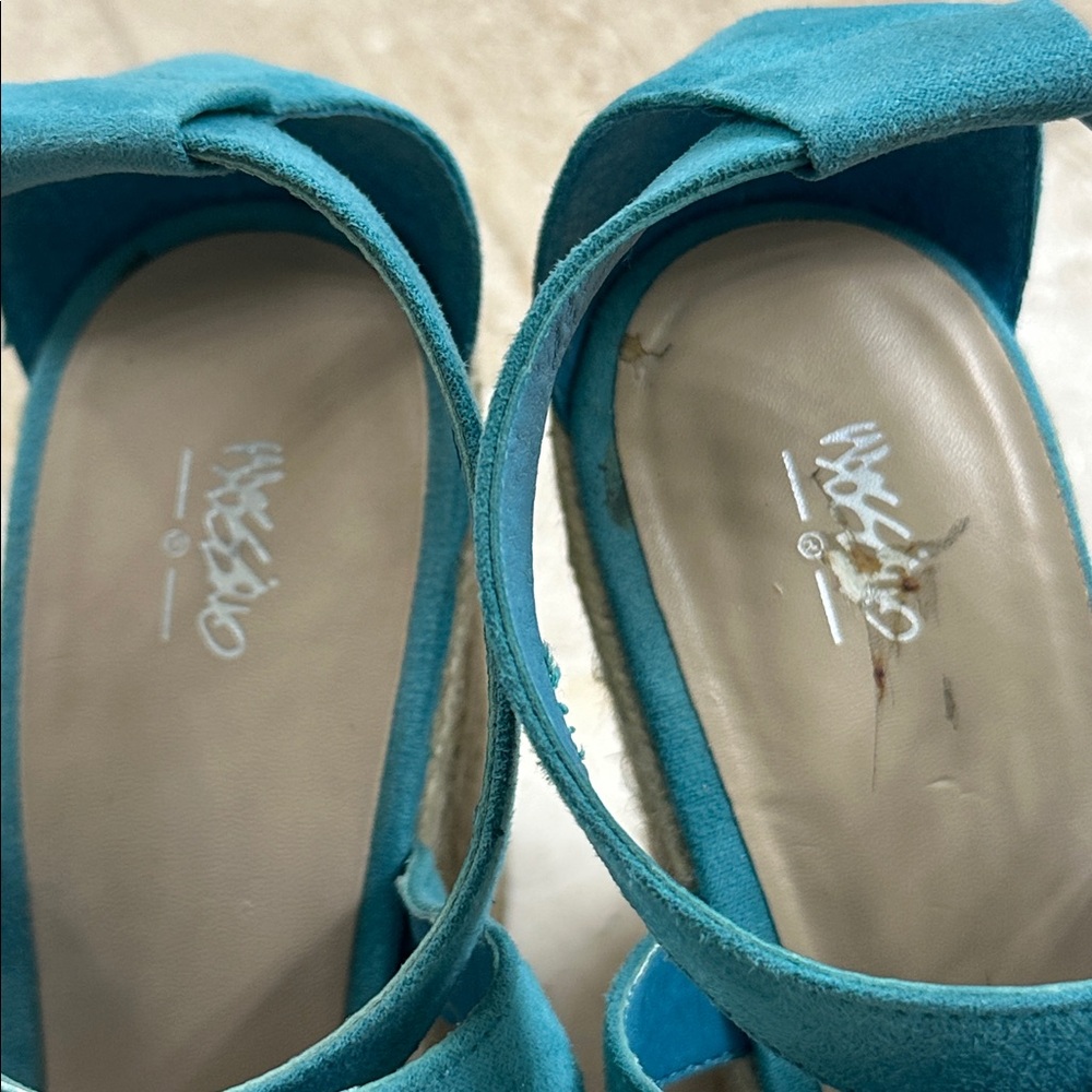 Mossimo Turquoise Suede-like Wedge Sandals with Jute Heels - Picture 6 of 8